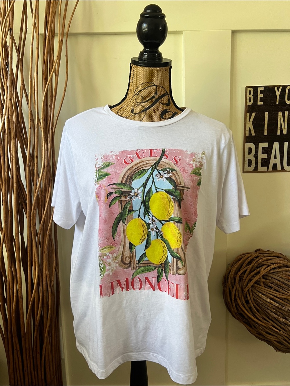 Guess White T-Shirt with Yellow Lemon Graphic and Pink Background